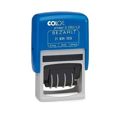 Abbildung von COLOP Datumstempel Printer S 260 mit Text BEZAHLT, Abdruck blau/rot