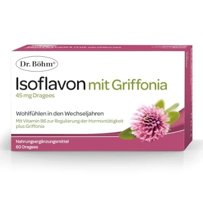 Abbildung von Dr. Böhm Isoflavon mit Griffonia: Für Wohlbefinden und innere Balance während der Wechseljahre, Vitamin B6, Soja Rotklee Extrakt, 60 Dragees