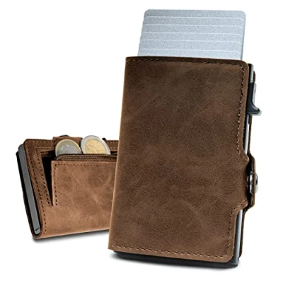 Abbildung von slimfin® Slim Wallet mit Münzfach Kartenetui Geldbeutel Herren Geldbörse Portemonnaie Portmonee Card Holder klein/Mini RFID Schutz Braun