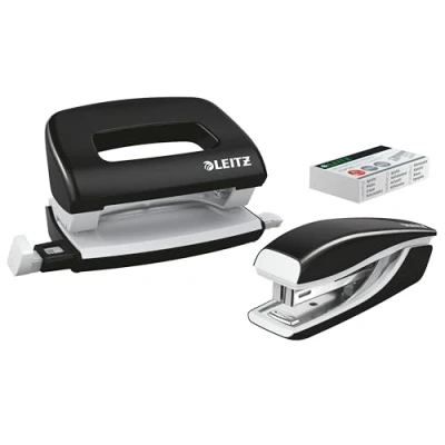 Abbildung von Leitz NeXXt Mini Locher und Heftgerät Set für bis zu 10 Blatt, Inkl. P2 Nr. Heftklammern, schwarz, WOW, 55612095