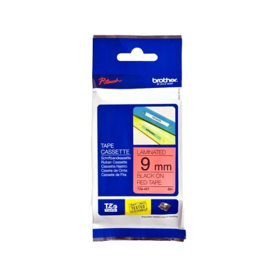 Abbildung von Brother Original P touch Schriftband 9 mm, schwarz auf rot (kompatibel u.a. mit PT H100LB/R, H105, E100/VP, D200/BW/VP, D210/VP) TZE421