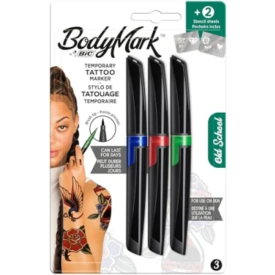 Abbildung von BodyMark by BIC, temporäre Tattoos in 3 Farben &#039;Old School&#039;, geruchsarme und schnell trocknende Tattoo Stifte für die Haut mit 2 Schablonen