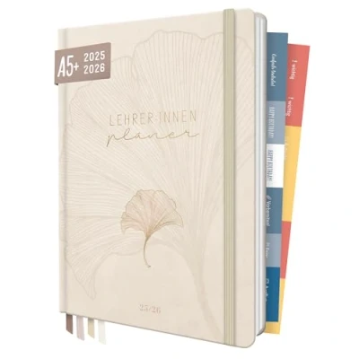 Abbildung von Häfft® Lehrer Planer 2025/2026 A5 + &quot;Beige Ginkgo&quot; Hardcover Lehrerkalender/Schuljahresplaner mit 236 Seiten, Stickern und mehr nachhaltig &amp; klimafreundlich