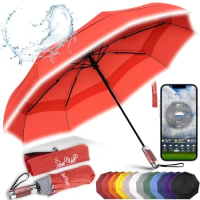 Abbildung von Royal Walk Regenschirm Taschenschirm Sturmfest Automatik Auf und Zu Winddichter Doppelverdeck Klein Stabil Schirm Reflektierend mit Luxuriösem Echtholzgriff für Damen Herren Umbrella