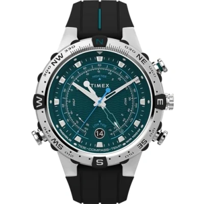 Abbildung von Timex Herren Armbanduhr Expedition North, 45 mm, schwarzes, zweiteiliges Silikonarmband mit Schnellverschluss, grünes Zifferblatt, Edelstahlgehäuse TW2W24200