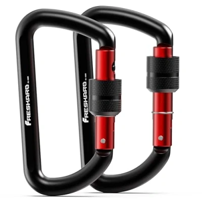 Abbildung von FresKaro Karabiner Schraubverschluss Schwarz, Schraubkarabiner, Schloss Karabiners Hängematte, Alu Carabiner, 12kN 1224kg, Aluminium, Ultraleicht, Belastbar, für Schlüssel, Hundeleine, 2 Stück