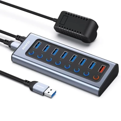 Abbildung von BENFEI Powered USB Hub mit Netzteil, 8 Port Splitter (7 schnellere Datenübertragungsanschlüsse + 1 intelligenter Ladeanschluss) individuellen LED EIN /Ausschaltern