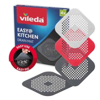 Abbildung von Vileda Abflusssieb 4er Set Spülbecken Sieb, Haarsieb Waschbecken, Badewanne &amp; Dusche verhindert Gerüche Verstopfungen Abflussieb mit Saugnäpfen