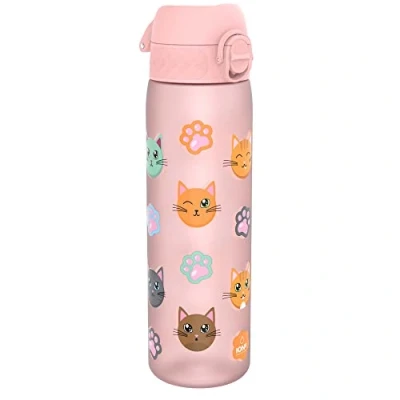Abbildung von Ion8 Trinkflasche, 500 ml, Auslaufsicher, Einhandöffnung, Sichere Verriegelung, Spülmaschinenfest, BPA frei, Tragegriff, Klappdeckel, Leicht zu Reinigen, Klimaneutral, Katzen Design