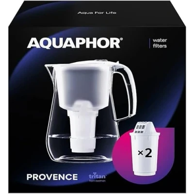 Abbildung von AQUAPHOR Wasserfilter Provence Weiß inkl. 2 A5 Filter I Karaffe für 4,2l Großer WasserfiIter in Glasoptik Reduziert Kalk &amp; Chlor Tischwasserfilter Stylischer Behälter Perfekt die Familie