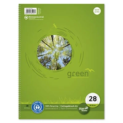 Abbildung von Staufen Green Collegeblock DIN A4, Lineatur 28 (5mm kariert mit Randlinien), 80 Blatt, 4 fach Lochung, premiumweißes 70g/m² Recyclingpapier, 1 Stück