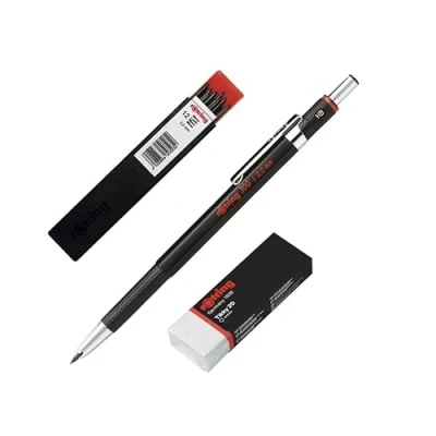 Abbildung von rOtring Druckbleistift, 300, 2,0 mm, nachfüllbar mit Spitzer unter Kappe, 1 Stück Radiergummi + Packung mm Graphiten