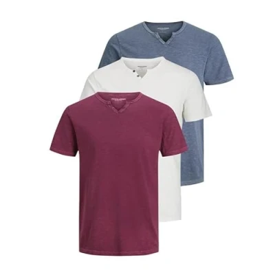 Abbildung von JACK &amp; JONES Herren JJESPLIT Neck Tee SS 3PK MP Pack A: Port Royale, Flint Stone, Cloud Dancer, L (EU)