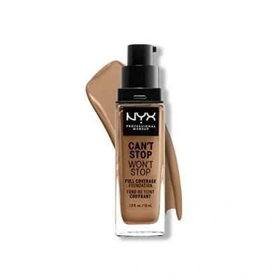 Abbildung von NYX Professional Makeup Can&#039;t Stop Won&#039;t Full Coverage Foundation, Langanhaltend, Wasserfest, Vegane Formel, Mattierter Teint, Farbton: Caramel