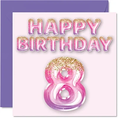 Abbildung von Stuff4 Geburtstagskarte zum 8. Geburtstag für Mädchen rosa und lila Glitzerballons Happy Karten 8 Jahre altes Tochter Schwester Enkelin Cousin 145 mm Grußkarten Geschenk