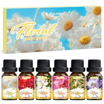Abbildung von SALKING Blume Ätherische Öle Set, Aromatherapie Duftöl GeschenkSet, Duftöle für Diffuser Luftbefeuchter,6x10 ml Jasmin, Geranie, Neroli, Freesie, Geißblatt und Pfingstrose