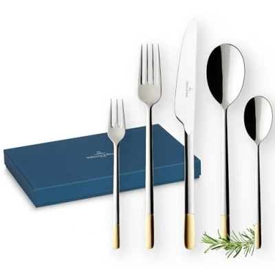 Abbildung von Villeroy &amp; Boch Ella Teilvergoldet Tafelbesteck Gold 30 Teilig 6 Personen, Spülmaschinenfest, Rostfrei, Besteckset, Besteck Set, Vergoldetes Besteck, Essbesteck, Edelstahl/Blattgold Applikationen