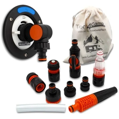 Abbildung von MaJoCompTec® WATERTWIN Wasser Tankdeckel kompatibel mit Gardena Wasserfilter Absperrhahn Hahnanschluss Wohnmobil Einfüllstutzen Zubehör (Adapter 3 Pin D:78 + Anschluss Set)