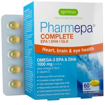 Abbildung von Pharmepa COMPLETE Omega 3 Fischöl und 6 GLA Nachtkerzenöl 1000 mg EPA &amp; DHA, schnell wirkende rTG Form, 60 Kapseln