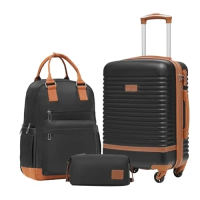 Abbildung von COOLIFE Koffer Trolley Reisekoffer von ABS Hartschalen 4 Rollen TSA Schloss Der Enthält 1 Reiserucksack und Kulturbeutel (Schwarz/Braun, Handgepäck Set 3tlg)