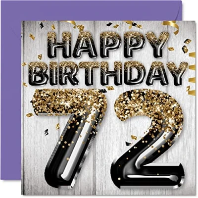 Abbildung von Geburtstagskarte zum 72. Geburtstag für Männer schwarze und goldene Glitzerballons Happy Karten 72 Jahre alten Mann Papa Großvater Opa Gran, 145 mm x 20 Sekunden Grußkarten Geschenk