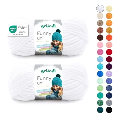 Abbildung von Gründl Wolle Funny uni, weiches Chneillegarn zum Stricken und Häkeln aus 100% Polyester, 2 Knäuel (100 g/ 120 m, Nadelstärke: 5 6), Weiß