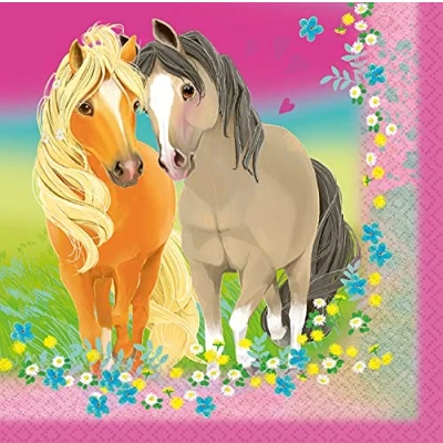 Abbildung von Amscan 9911588 Papier Servietten Pretty Pony, 20 Stück, Größe 33 x cm, Ponys und Blumen, Tisch Dekoration, Kinder Geburtstag, Motto Party