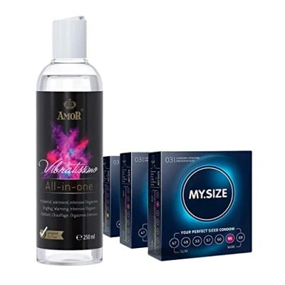 Abbildung von Vibratissimo Play Gel all in one 250 ml &amp; MY.SIZE Kondome 3er Pack I Gleitmittel wärmend, prickelnd Höhepunkt verstärkend Wasserbasiertes Gleitgel 57, 60, 64 mm Breite