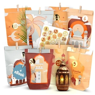 Abbildung von AMARI ® Ramadan Tüten (30 inklusive Sticker &amp; Klammern) Ramadankalender zum Befüllen Kalender Bastelset Tüte
