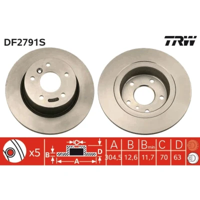 Abbildung von TRW DF2791S Bremsscheibe 304,5 12,6 5 120 voll lackiert LAND ROVER: Range Rover 3, Discovery 2, 2