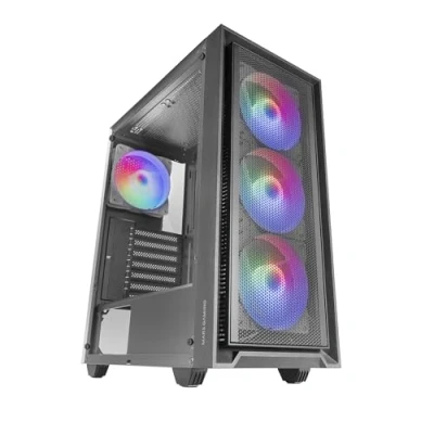 Abbildung von MARSGAMING MC AIR, Gaming ATX Gehäuse, 4X FRGB Rainbow 120mm Lüfter, Mesh Frontpanel, Komplettes Seitliches Hartglasfenster, Doppelkammersystem, Unterstützung für Wasserkühlung, Schwarz
