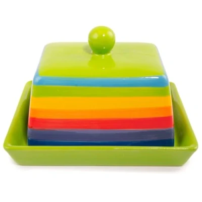 Abbildung von Handbemalte Butterdose aus Keramik mit Deckel, Regenbogenstreifen, Grün