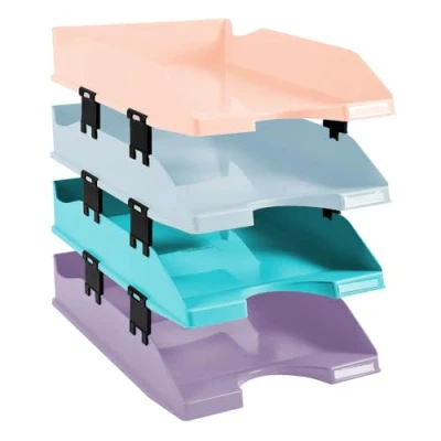 Abbildung von Exacompta 113296SETD 4er Pack Premium Briefablage Combo Midi Aquarel DIN A4 inkusive Distanzstücke. Ideale Briefkörbe für Ihre Organisation. Robuste und stapelbare Ablagekörbe farbig sortiert matt