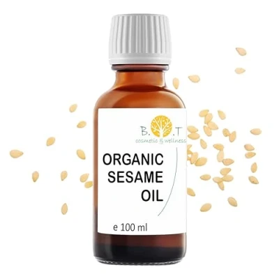 Abbildung von B.O.T cosmetic &amp; wellness 100% Reines Bio Sesamöl Kaltgepresst Ayurveda Naturkosmetik Anwendungen Haut Haarpflege Massageöl, Neutral, 100 ml