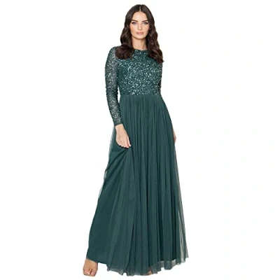 Abbildung von Maya Deluxe Damen Womens Ladies Dress For Wedding Guest Plus Size Empire High Waist Sequins Long Sleeve Ev Brautjungfernkleid, Emerald, 54 EU