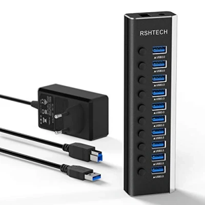 Abbildung von RSHTECH USB Hub Aktiv 3.0 mit 36W(12V/3A) Netzteil, Aluminium 10 Ports zum Laden und zur Datenübertragung, Mehrfach Verteiler EIN/Aus Schalter LED, RSH A10