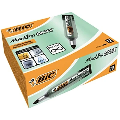 Abbildung von BIC Marking Onyx Permanent Marker, Wasserfester Stift, in Schwarz, 12er Pack, mit Rundspitze, Strichstärke: 1,5 mm, schnelltrocknend