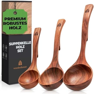Abbildung von Holz Suppenkellen Set klein &amp; groß, Kochlöffel Suppenlöffel Schopflöffel Saucenlöffel 3 teiliges Küchenzubehör Küchenutensilien hochwertig nachhaltig