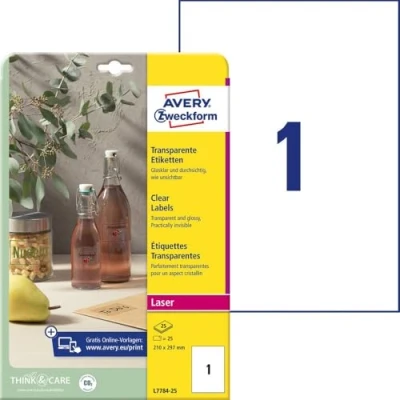 Abbildung von Avery Kristallklare Etiketten für Laserdrucker langlebig 1 pro Blatt 210 x 297 mm 25 Stück transparent
