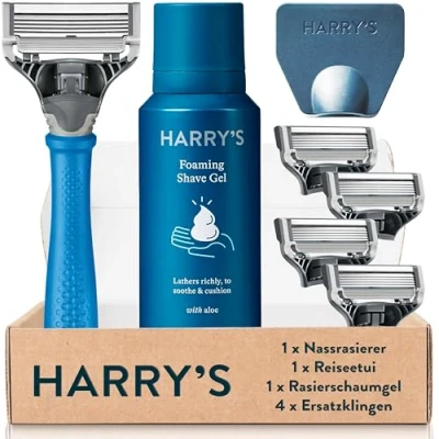 Abbildung von Harry’s Nassrasierer für Männer Rasier Set mit blauem Griff, 4 Ersatz Rasierklingen, Reise Klingen Cover, 60ml Rasiergel Rasierer, Rasierklingen Herren,
