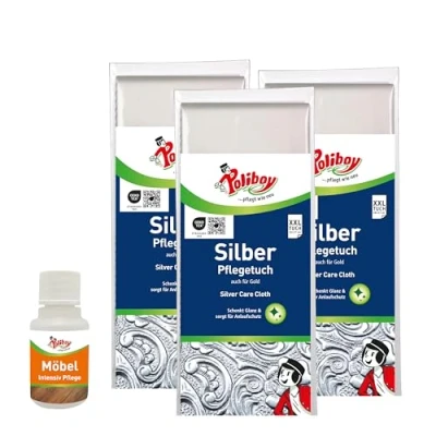 Abbildung von POLIBOY Silber Pflegetuch Silberputztuch gegen Anlaufstellen Wiederverwendbares Silberpoliertuch für Besteck &amp; Schmuck 3x 1 Stk Mit Produktprobe Made in Germany