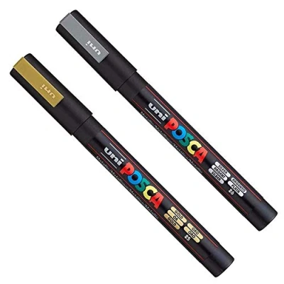 Abbildung von Posca PC 3M Farbe Kunst Marker Stifte Stoff Glas Metall Stift Set von Gold + Silber (1 jedem)