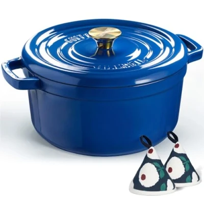 Abbildung von Overmont Bräter Emailliert Gusseisen Topf Dutch Oven 26cm backofengeeignet mit Deckel und Kochbuch für Braten Küche Backen Schmoren Königsblau