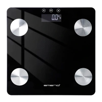 Abbildung von EMERIO digitale Personenwaage misst Körperfett Muskelmasse Knochenmasse BMI hoch präzise Sensoren inkl. 2x AAA Batterien max. 180kg Memory Funktion Auto Off 28x28cm BR 125479