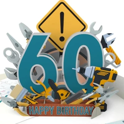Abbildung von LIMAH® Pop Up Karte zum 60. Geburtstag witzige 3D Geburtstagskarte Jubiläum für Mann, Opa, Kollege passend Gutschein, Geschenk oder Geldgeschenk Happy Birthday 60 mit Werkzeug
