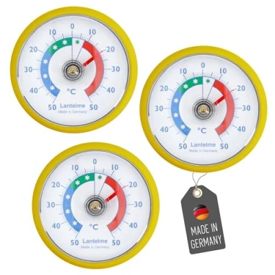 Abbildung von Lantelme 3 Stück Kühlschrankthermometer Set selbstklebend Thermometer auch für Gefrierschrank Eisfach Kühltheke Kühlzelle Kühlfach Kühlschrank zum ankleben Bimetall und Analog (Gelb)