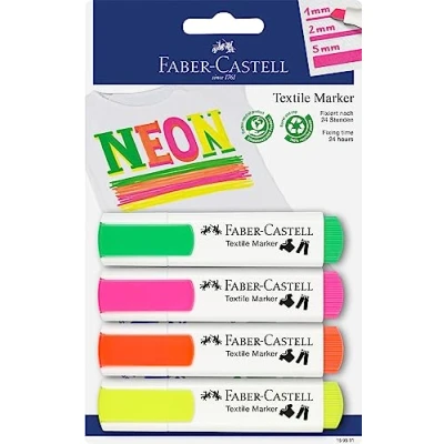 Abbildung von FABER CASTELL 159591 Textilmarker in Neonfarben für helle Stoffe, 4 Neon Marker, 1 5 mm Strichbreite