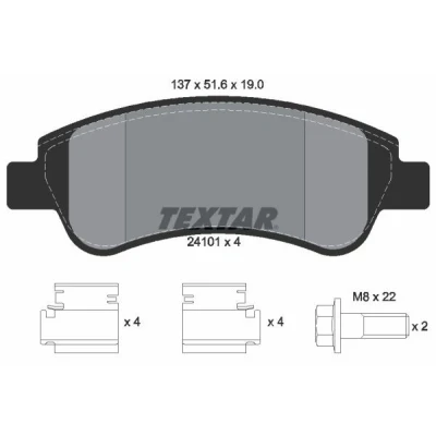 Abbildung von TEXTAR 2410101 Bremsbelagsatz nicht für Verschleißwarnanzeiger vorbereitet mit Bremssattelschrauben Zubehör CITROËN: C3 II, C4 I Hatchback