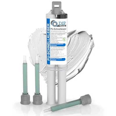 Abbildung von DIP Tools PU Schnellkleber 2 Komponenten 25g inkl. 3 Mischdüsen, 2K Kleber extra stark &amp; schnelltrocknend, Klebstoff Metallkleber Reparatur Plastikkleber Kunststoffkleber Epoxidharz (1x25ml)