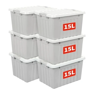 Abbildung von Cetomo,15L,6er Pack, Aufbewahrungsbox mit deckel,Aufbewahrungsboxen, Clips, stapelbar, Wohnzimmer, Schlafzimmer.lebensmittelecht ,Verschlussclips,Neumaterial Plastik Box grau